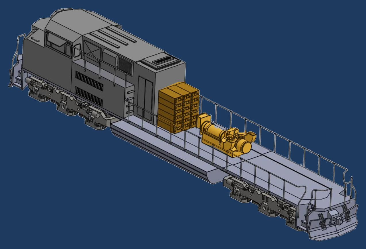 SD70MAC locomotive with the NexGen battery stack and turbine-generator installed on the long-hood deck