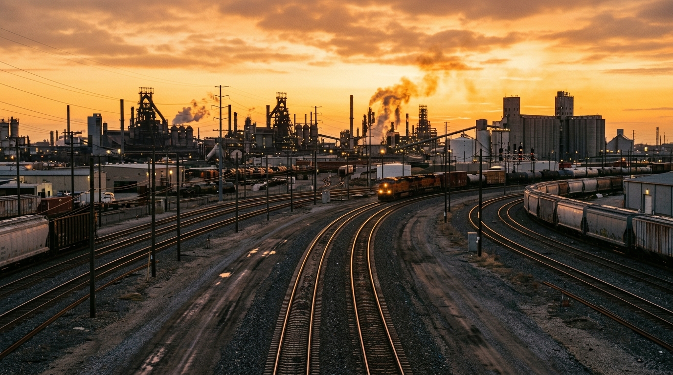 Freight train moving through an industrial rail corridor